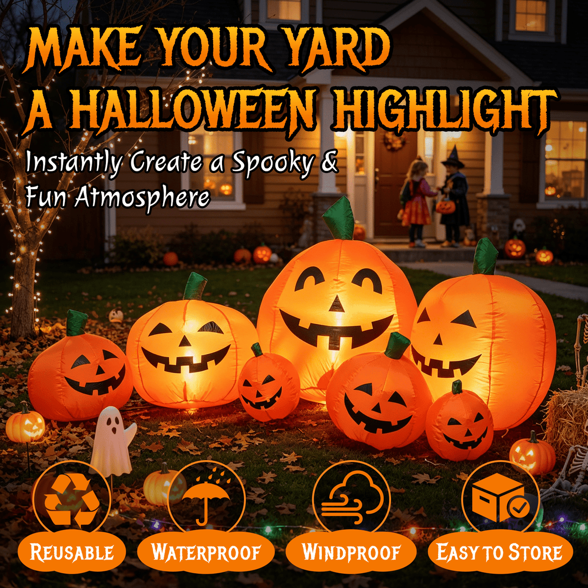7.5 FT Long Halloween Inflatables Pumpkin Family Lighted,7 Pumpkins Blow Up Yard Decoration, Built-in LEDs, Stakes & Tet