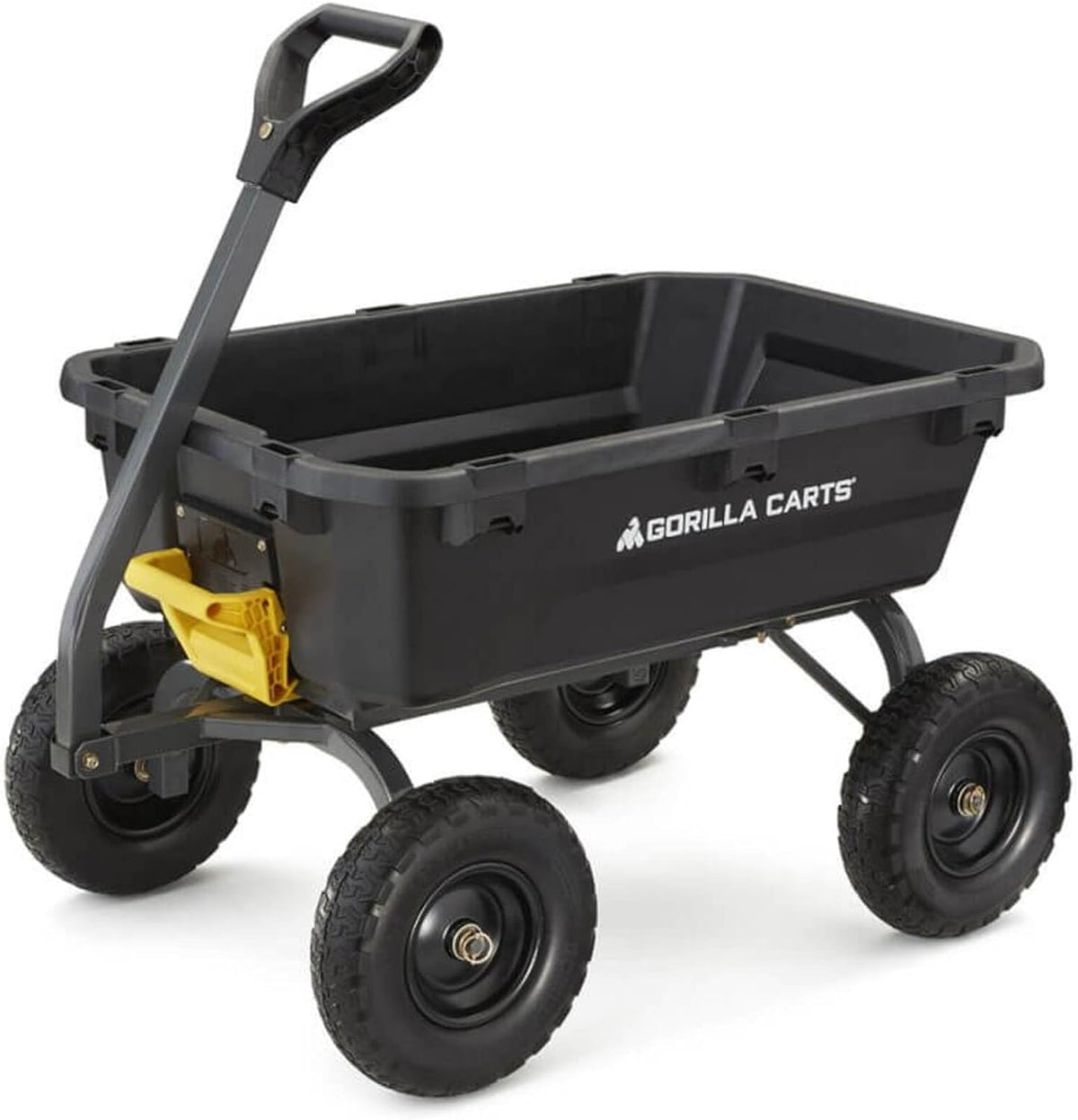 Poly Dump Garden Cart With No-Flat Tires And Serrated Shovel, 7 Cubic Feet, 1,200 lb Capacity, Black