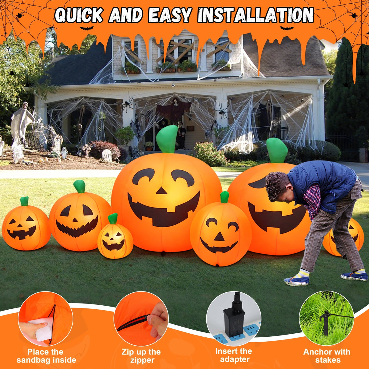 Yexmas 8 FT Halloween Inflatables Pumpkin, 7 Pumpkins Halloween Outdoor Decoration with Built-in LED Lights, Halloween B