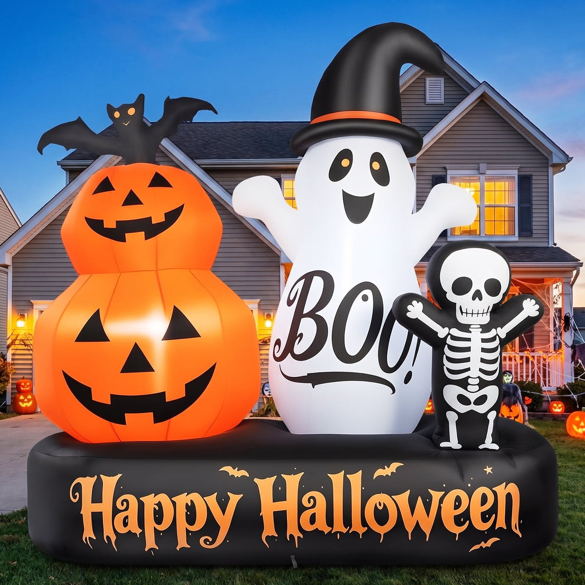6ft Halloween Inflatable Outdoor Decorations, Lighted Pumpkin Ghost Skeleton with Bat, Built-in LED Lights, Blow Up Hall