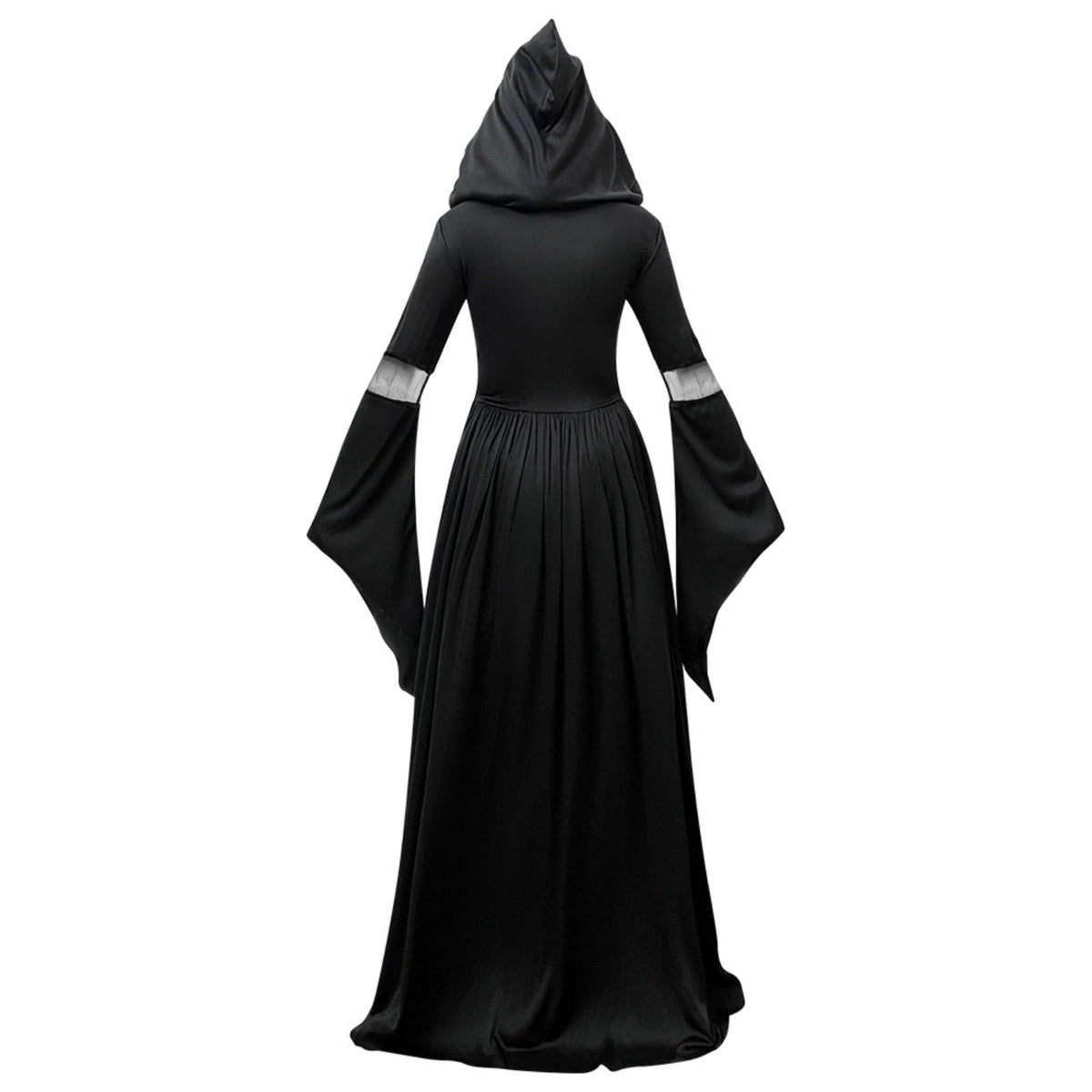 Dark Mage Hooded Robe for Women Halloween Witch Costume with Flared Sleeves & Fitted Bodice