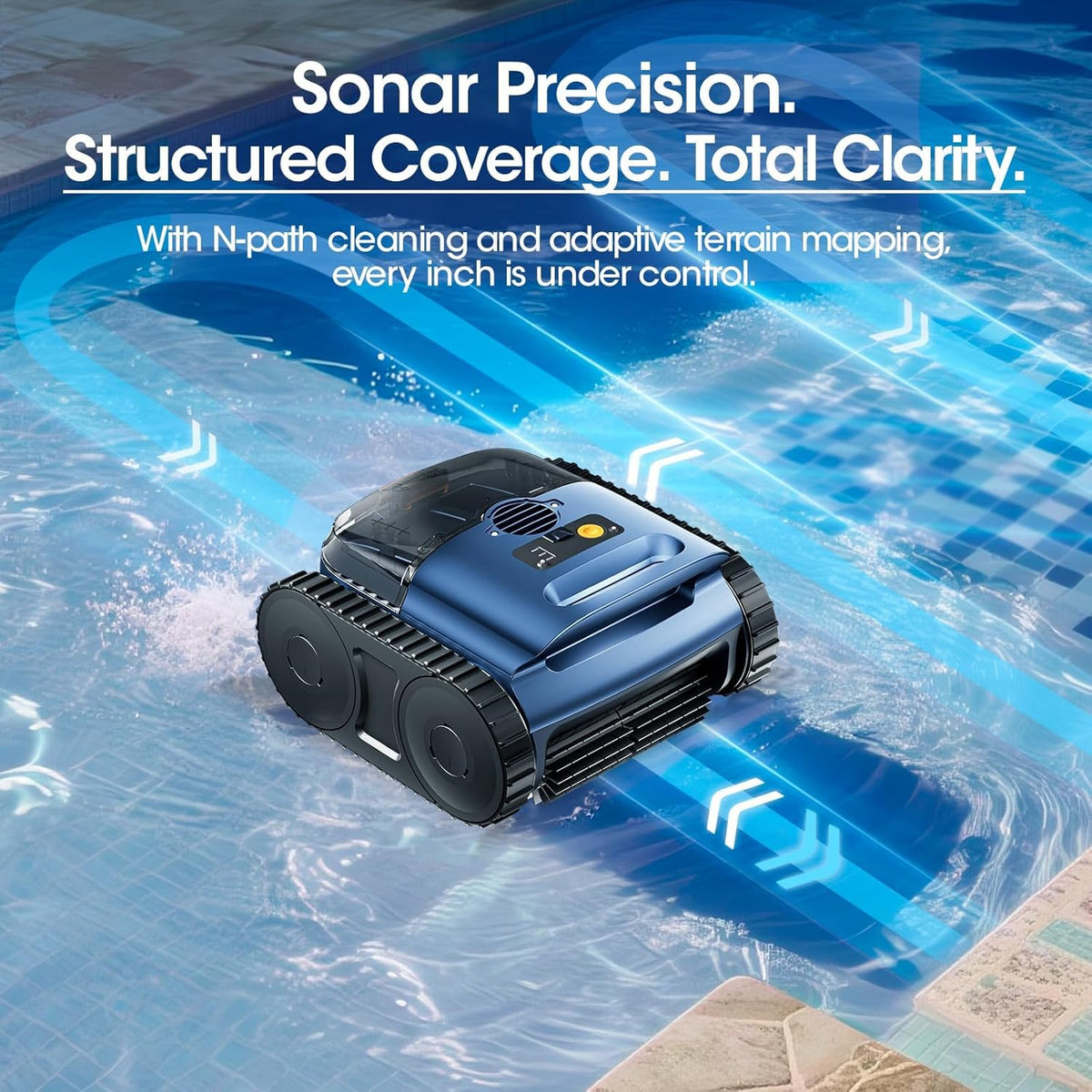 Cordless Robotic Pool Vacuum Cleaner With Track Drive, Sonar Navigation, 180W Brushless Motor, 150-Min Runtime, Dark Blu