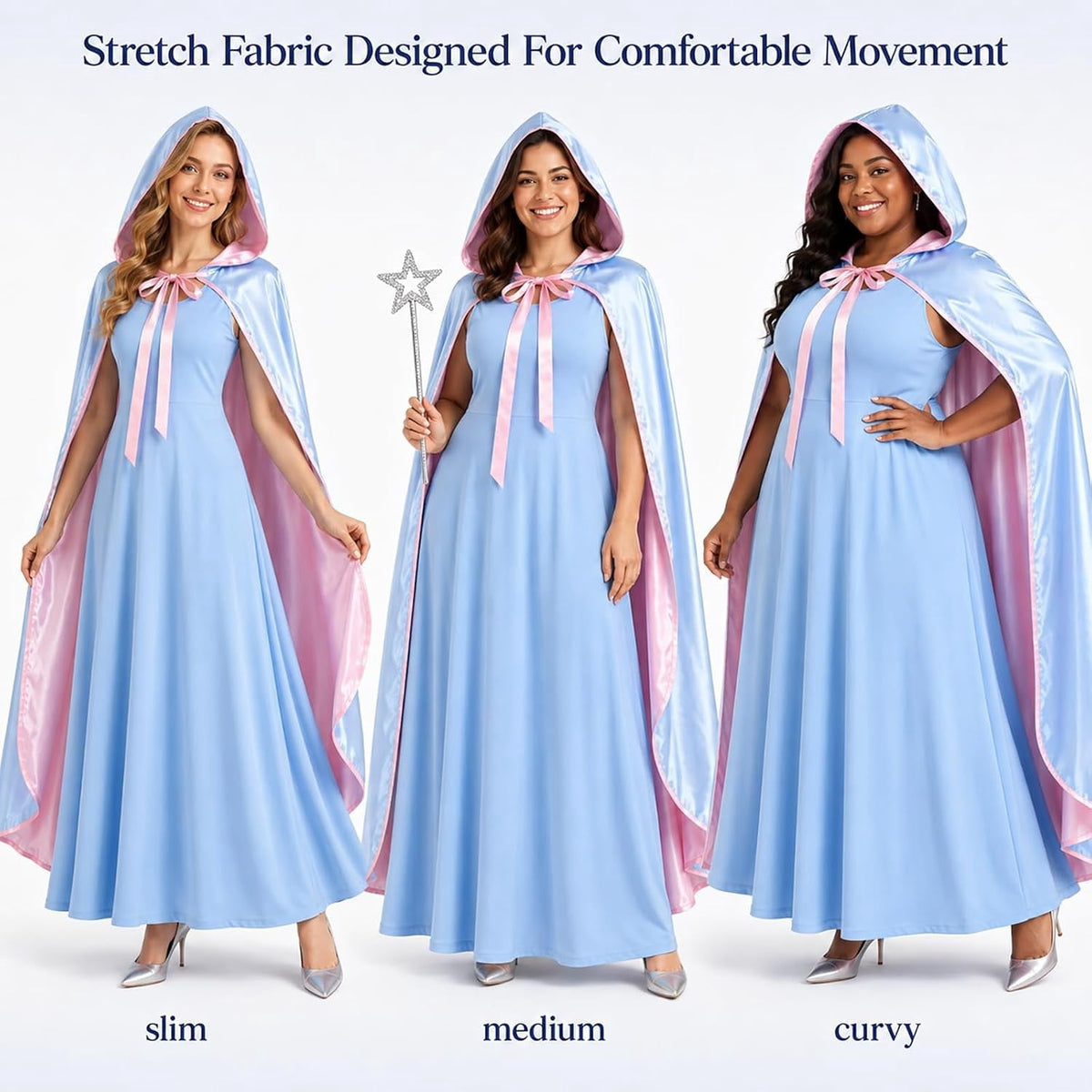 3PCS Fairy Godmother Halloween Costumes for Women, Blue Dress with Cape and Star Wand, Cosplay Outfit for Fairy Parties