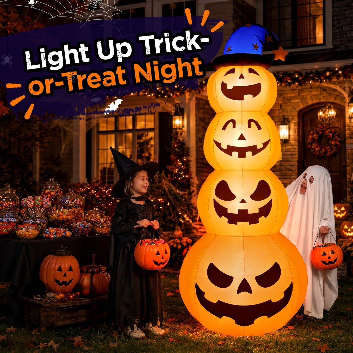 Goosiay 8ft Halloween Inflatable, Stacked Pumpkins with Witch Hat and Built-in LED Lights, Outdoor Blow up Yard Decor fo