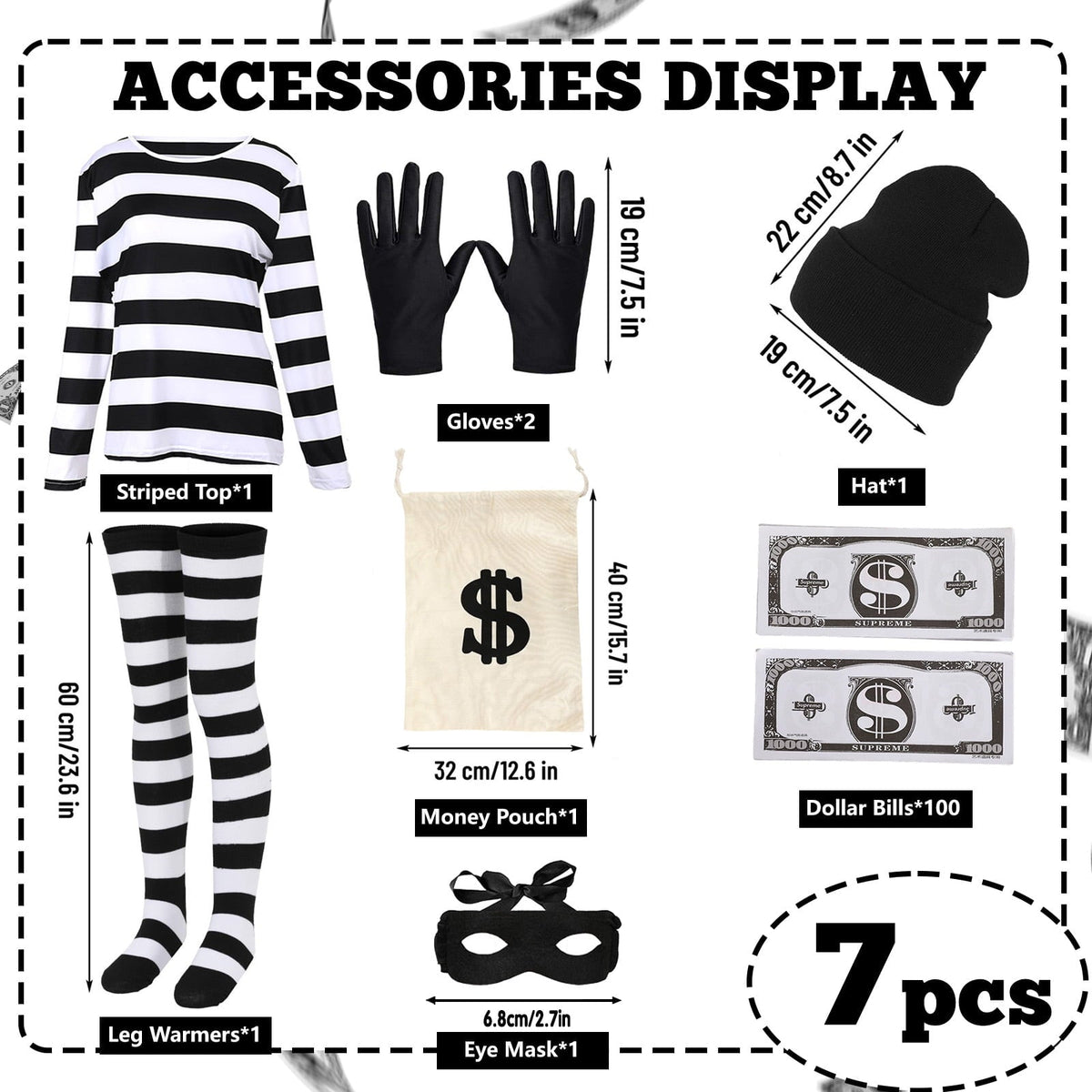7Pcs Bank Robber Costume for Women, Burglar Outfit with Striped Shirt for Halloween Cosplay