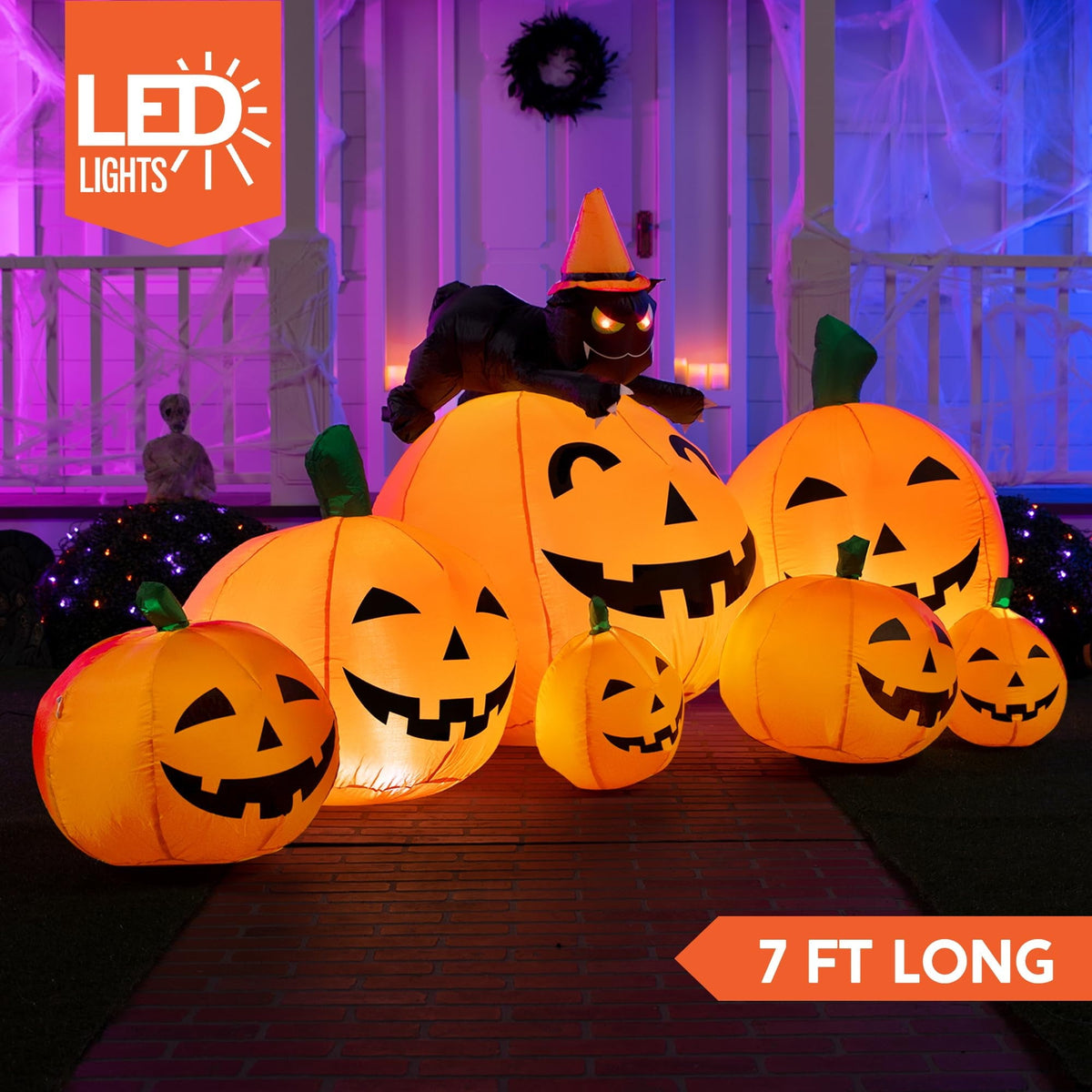 Joyfy 7 ft Halloween Inflatable Long Pumpkin with Witch's Cat Decorations Inflatables with Build-in LEDs, Halloween Deco