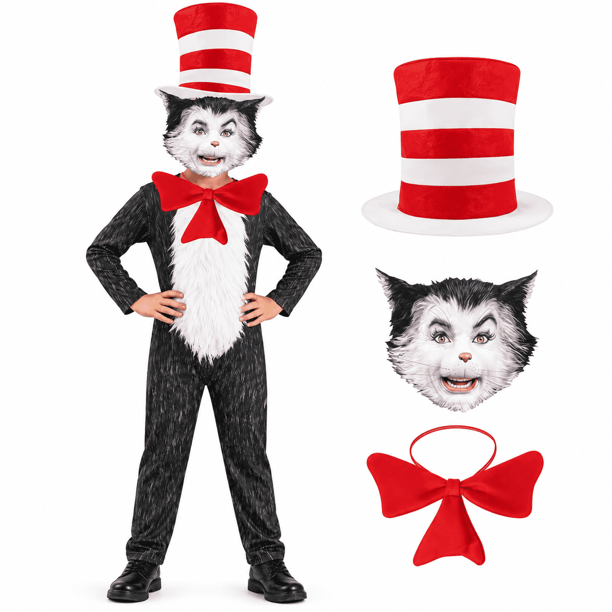 4-Piece Cat Halloween Cosplay Costume for Kids, Scary Cat Jumpsuit Set with Mask, Striped Hat & Bow Tie for Boys & Girls