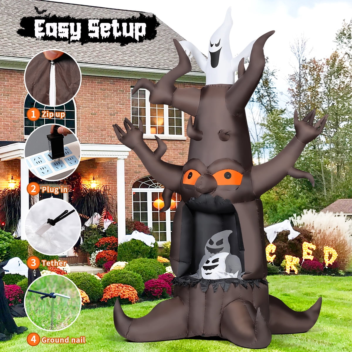 GOOSH Halloween Inflatables 9 FT Animated Halloween Tree Inflatables with Built-in LED lights, Scary Spooky Tree Inflata