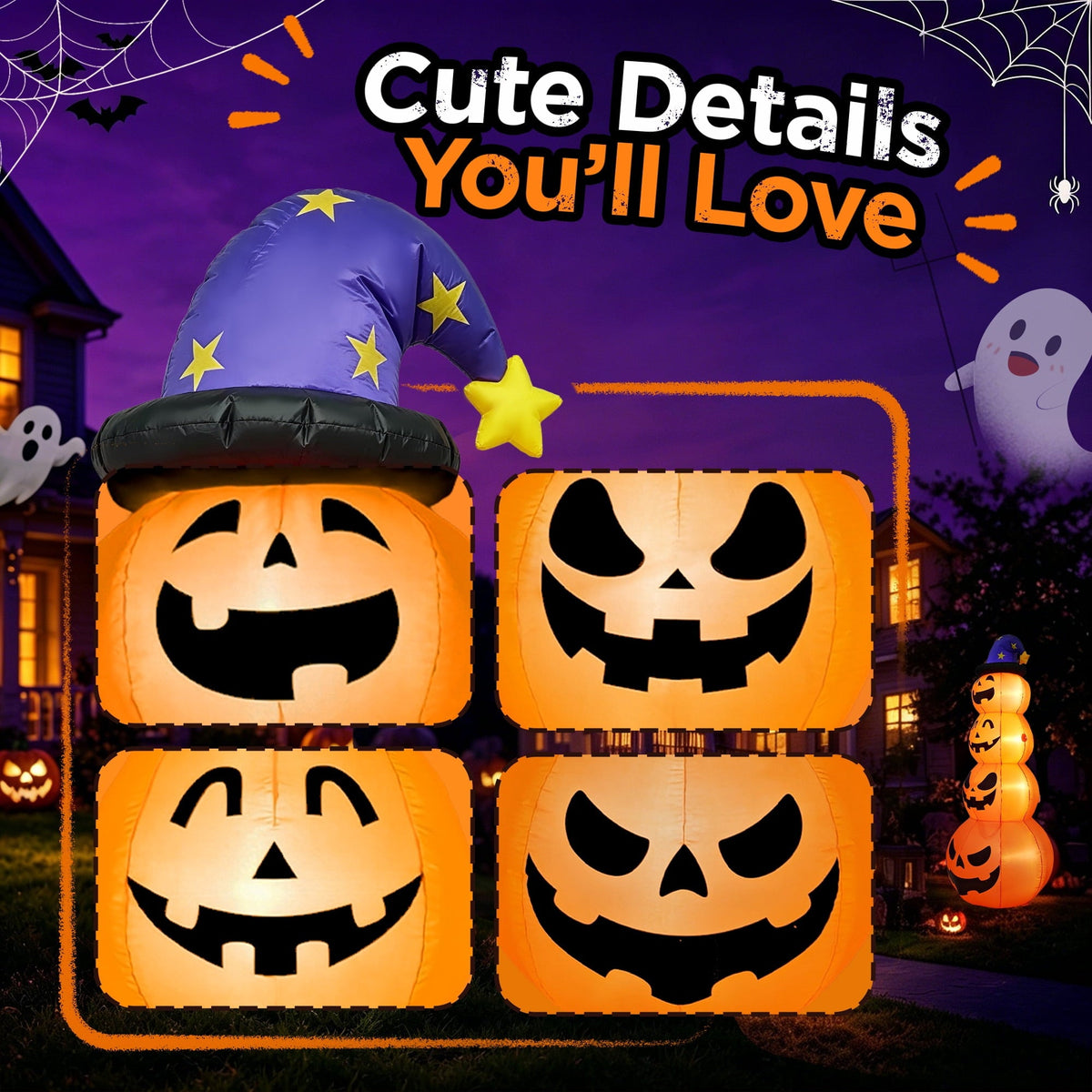 Goosiay 8ft Halloween Inflatable, Stacked Pumpkins with Witch Hat and Built-in LED Lights, Outdoor Blow up Yard Decor fo