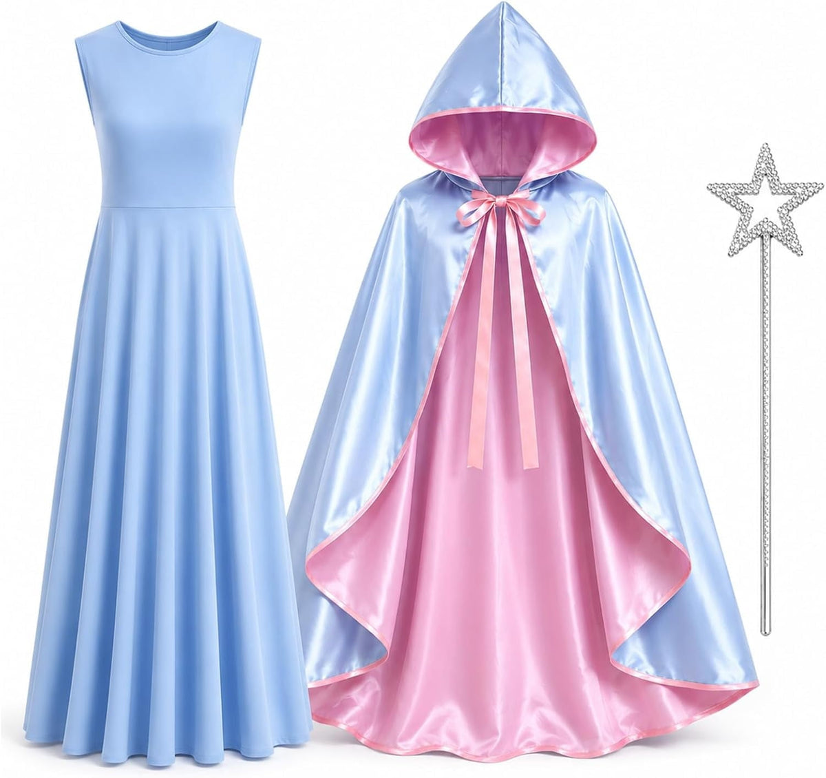 3PCS Fairy Godmother Halloween Costumes for Women, Blue Dress with Cape and Star Wand, Cosplay Outfit for Fairy Parties