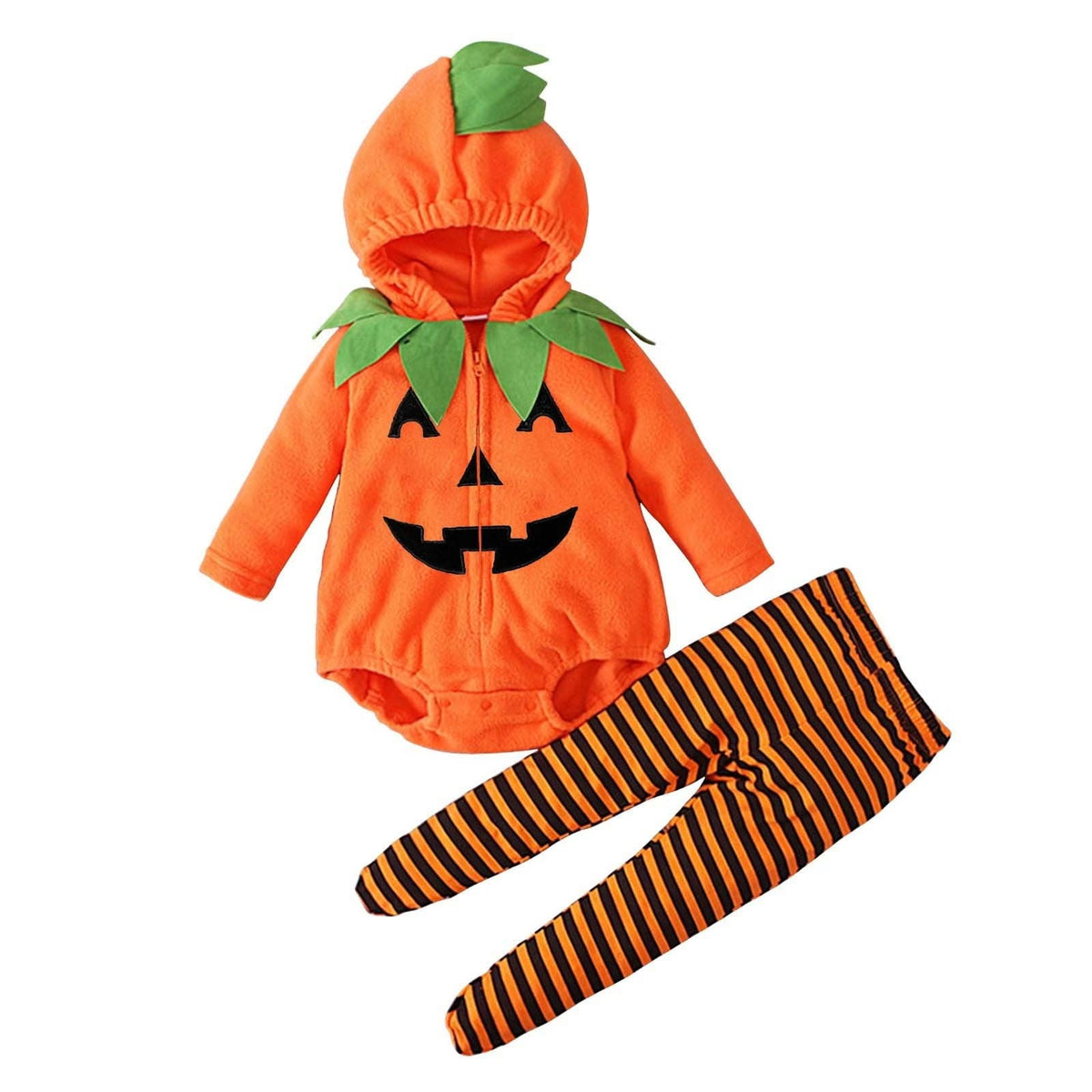 Newborn Infant Cute Jack-O-Lantern Costume Halloween Bodysuit and Striped Leggings Set Fall Holiday Fancy Dress Up Outfi