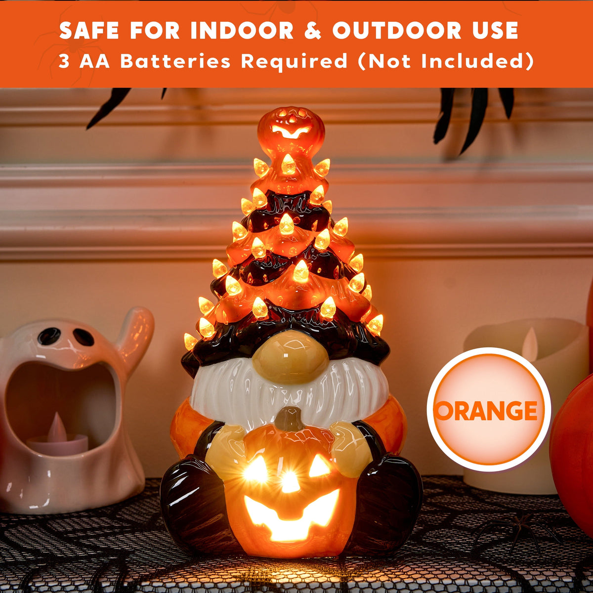 Joyfy 8.5 inch Halloween Decorations Ceramic Gnome Tree Decorations with Build-in LEDs, Light Up Pumpkin Table Decor Bed
