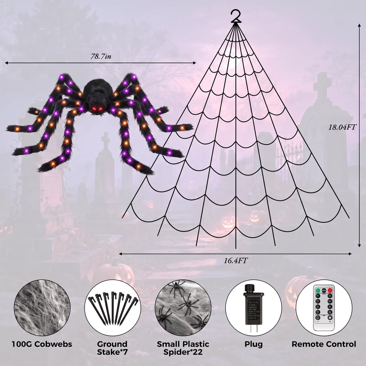 Leyaron Halloween Decorations Outdoor, 350 LED Halloween Spider Web String Lights with 79" Lighted Spider for Outdoor Ga