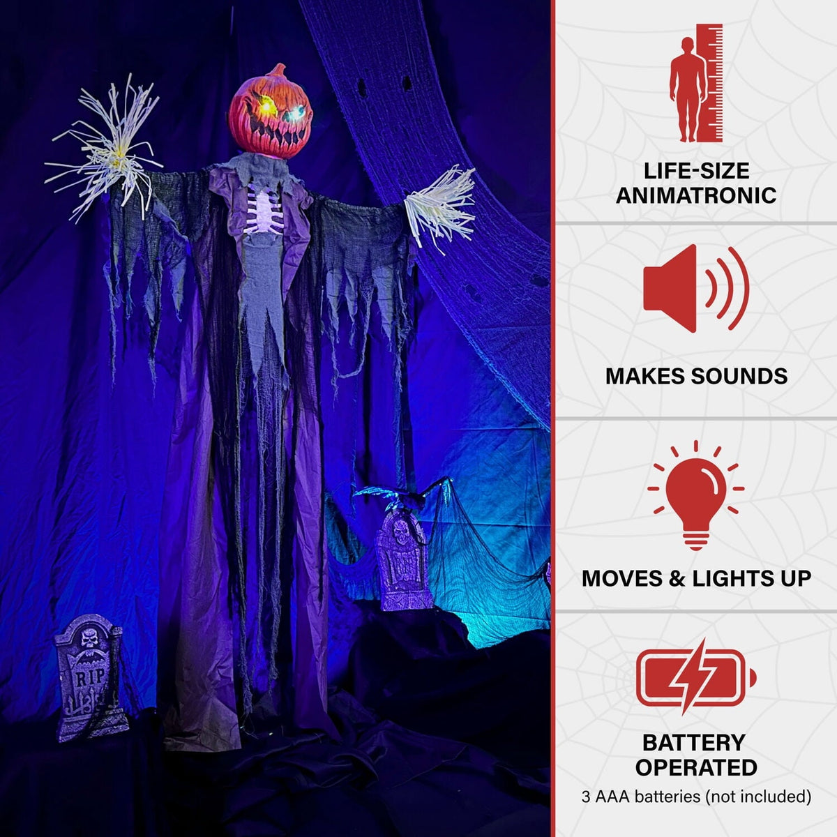 Haunted Hill Farm Life-Size Poseable 6.7-Ft. Pumpkin Scarecrow with Lights and Sound, Indoor or Covered Outdoor Hallowee