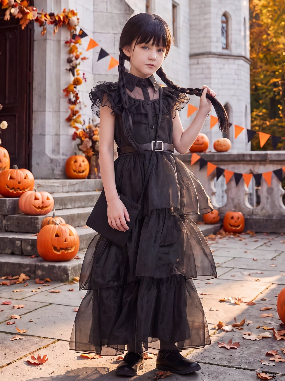 Girls Halloween Costume Fancy Dress with Wig Black for Kids Carnival Party 7-8 Years