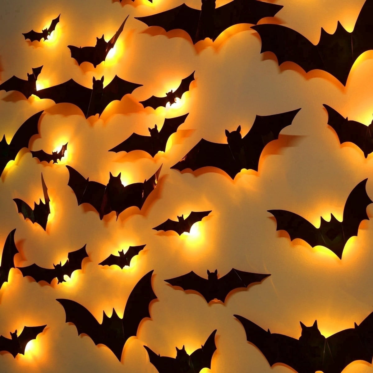 DUHKP 36 Pack Light Up Bats Halloween Decorations, Orange | 3D Stereoscopic Design, Removable Bat Wall Stickers, for Ind