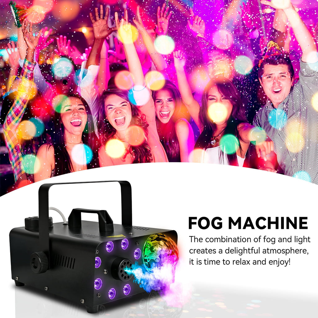 Yexmas 600W Fog Machine with Disco Ball & 8 RGB LED Lights – 2000CFM and Remote Control for Parties, Weddings, Halloween